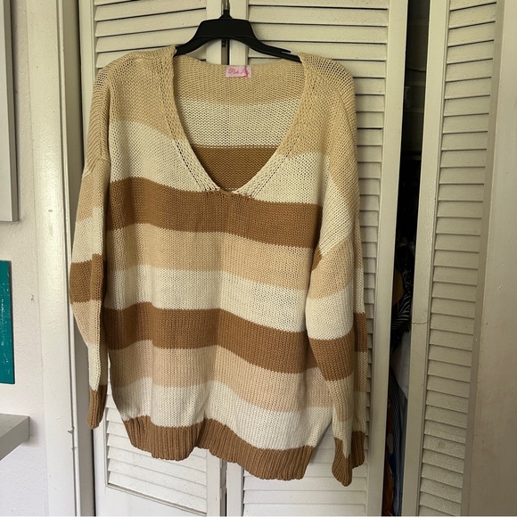 Pink Lily Beige and Brown Striped V-Neck Sweater - Picture 1 of 3